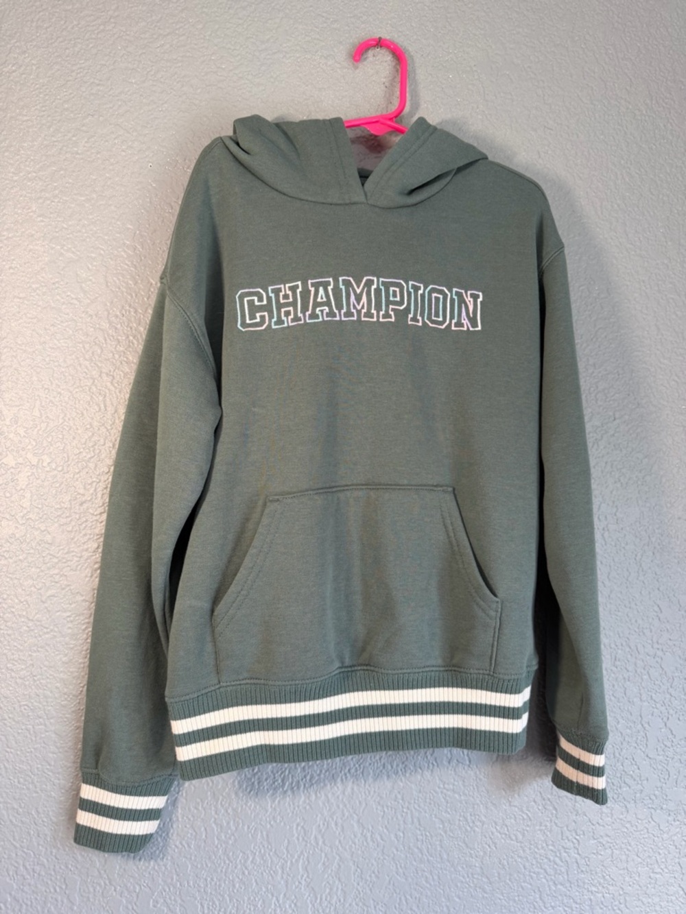 Champion Green Hooded Kids Sweatshirt with White Stripe Trim